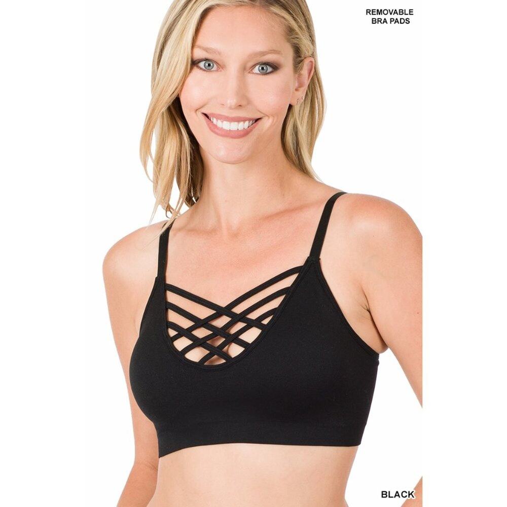 Zenana 2X/3X Black Front V Lattice Bralette +padding adjustable straps - Picture 15 of 15